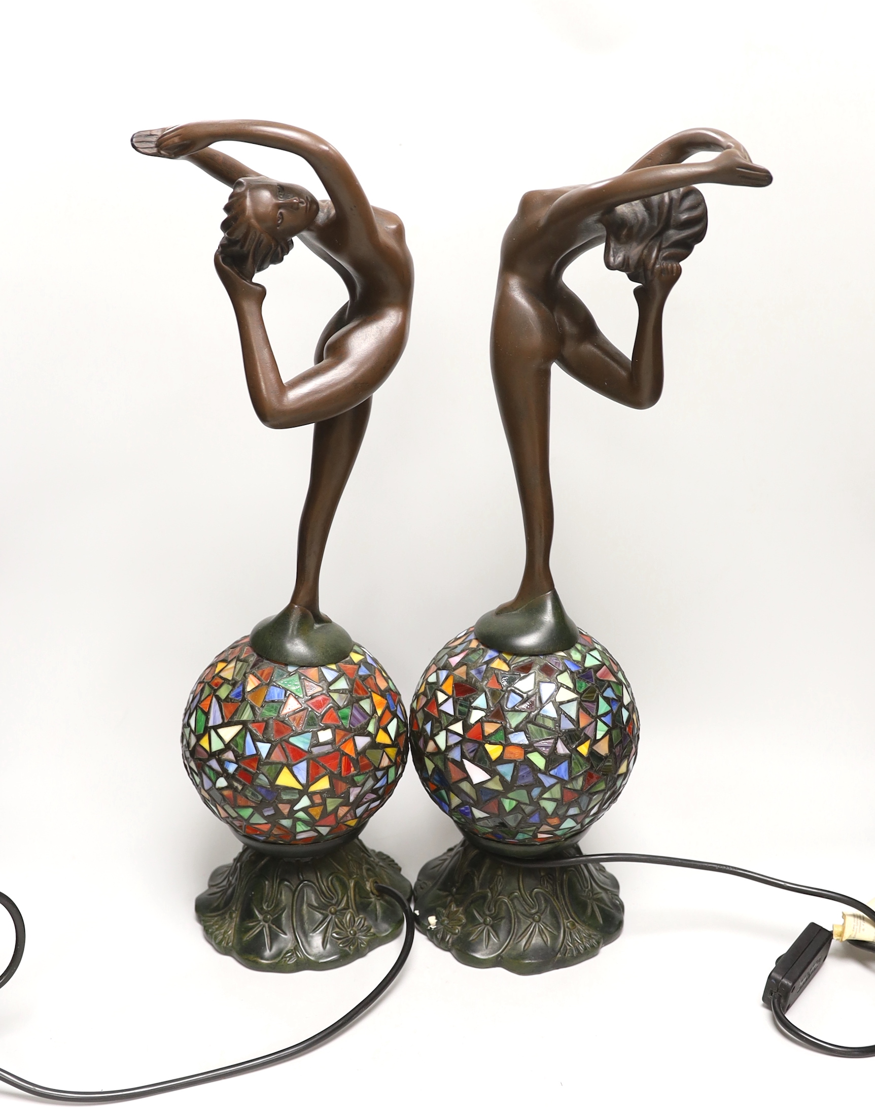 A pair of Tiffany-style bronzed resin figural table lamps 51cm